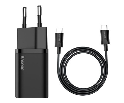 Ładowarka i akumulator BASEUS Super Si Quick Charger (1xUSB-C, 25W) z przewodem USB-C - USB-C, 1m, czarna